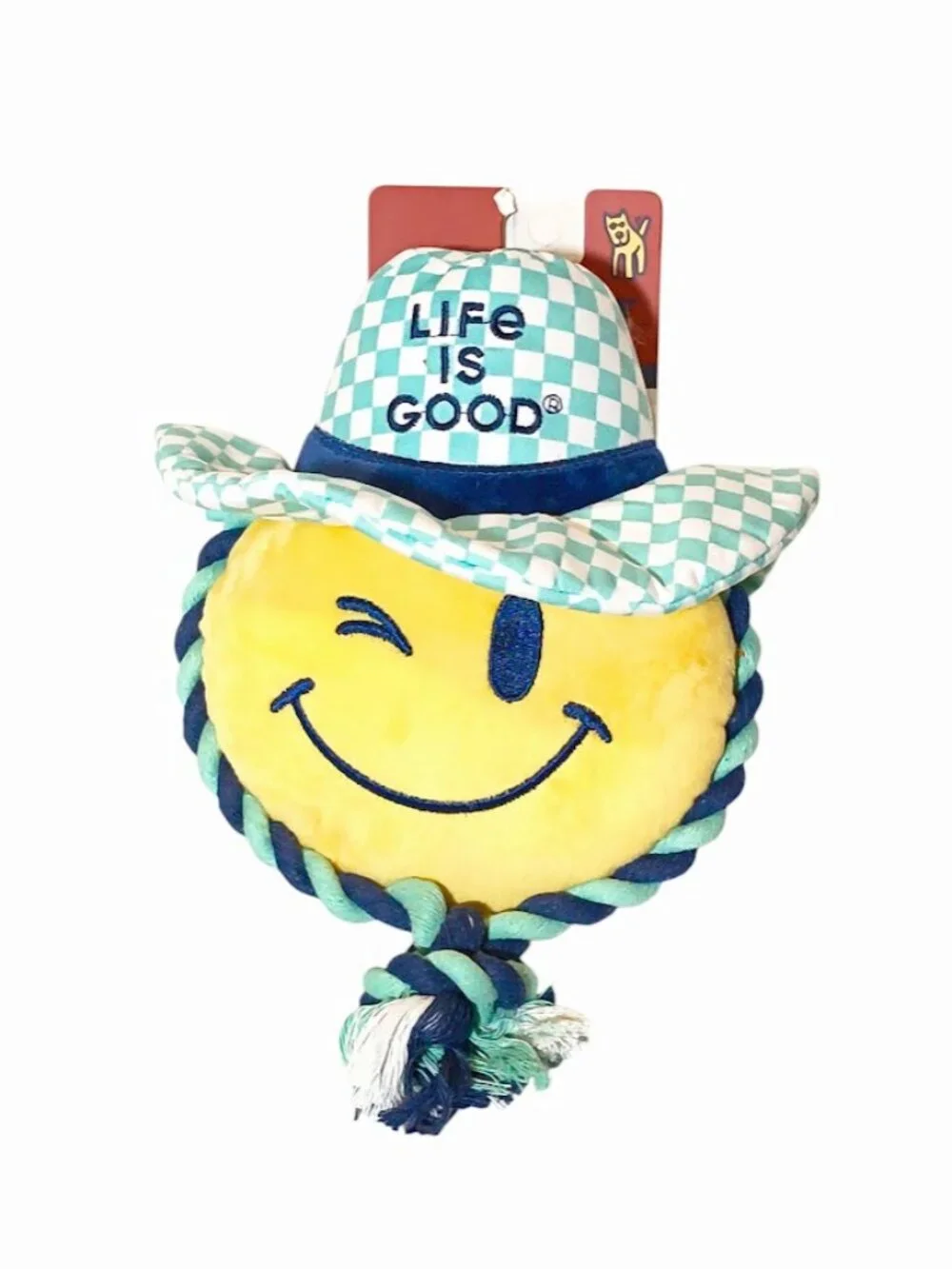 Life Is Good Happy Face Cowboy Squeaker Rope Crinkle Dog Pet Plush Toy 11